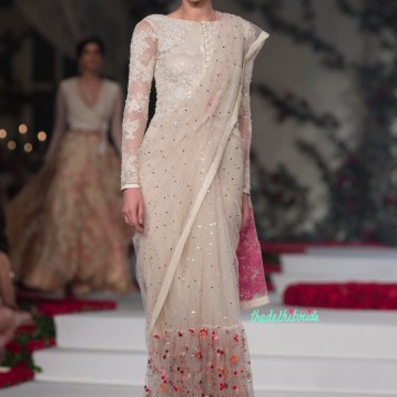 Off white Net Saree with Sequins and a Floral Embroidered wide border and Ivory Embroidered boat neck blouse with sheer long sleeves - Varun Bahl - Amazon India Couture Week 2015