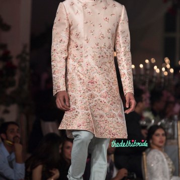 Pale Pink Sherwani Jacket with Floral Embroidery for Men _ Pale Blue Churidar Pyjama - Varun Bahl - Amazon India Couture Week 2015