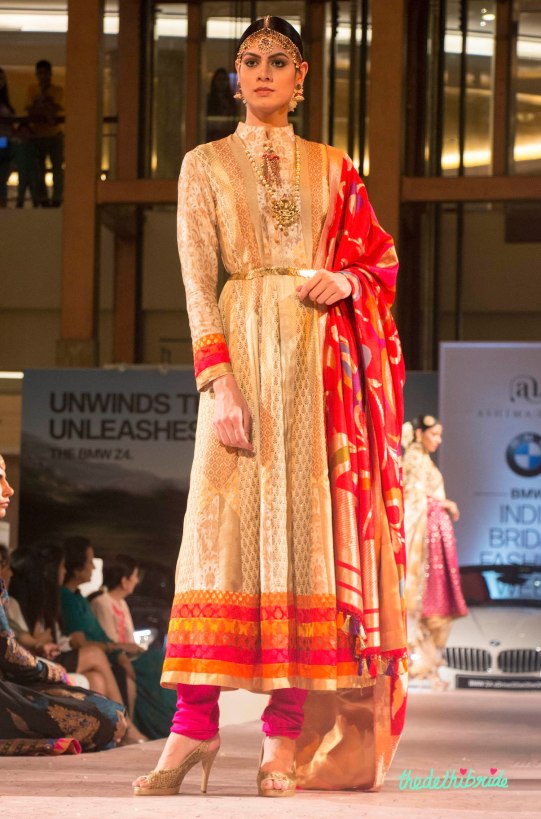 Ashima Leena - Beige Brocade Kurta with Red Silk Dupatta - BMW India Bridal Fashion Week 2015