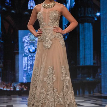 Falguni and Shane Peacock - Tanned Beige Gown with Baroque Applique Work - BMW India Bridal Fashion Week 2015