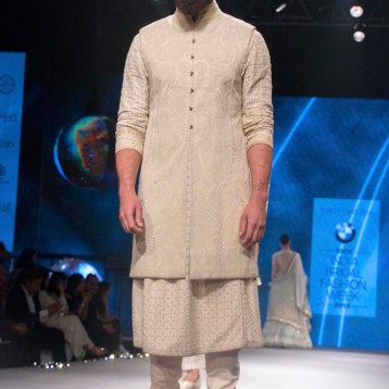Mens Wear - Chikankari Kurta with Embroidered Mid-Length Jacket & Churidaar - Tarun Tahiliani - BMW India Bridal Fashion Week 2015