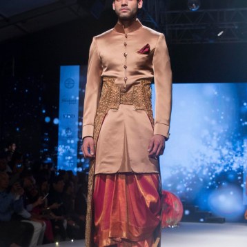 Men's Wear - Pink Sherwani Jacket with Kanjeevaram Dhoti & Embroided Gold Camarbandh with trail - Tarun Tahiliani - BMW India Bridal Fashion Week 2015