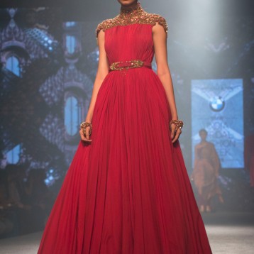 Shantanu and Nikhil - Red Gown with Emboidered Shoulders in Gold and Cinched Waist Belt - BMW India Bridal Fashion Week 2015