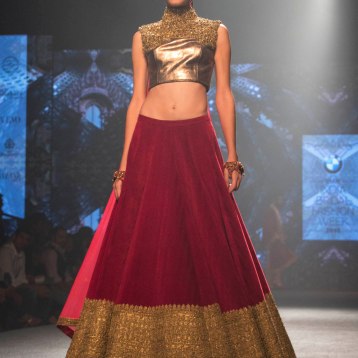 Shantanu & Nikhil - Patina Gold Blouse with Embroidered Work and Red Lehenga with Antique Gold border - BMW India Bridal Fashion Week 2015