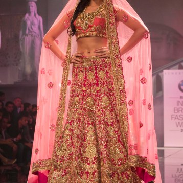 Suneet Varma - Pernia Qureshi in a Heavily Embroidered Fuschia Pink Bridal Lehenga with Gold Work - BMW India Bridal Fashion Week 2015