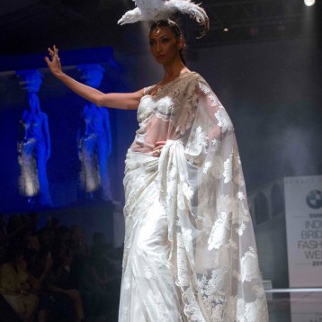 Suneet Varma - White Threadwork Big Motif Sari - BMW India Bridal Fashion Week 2015