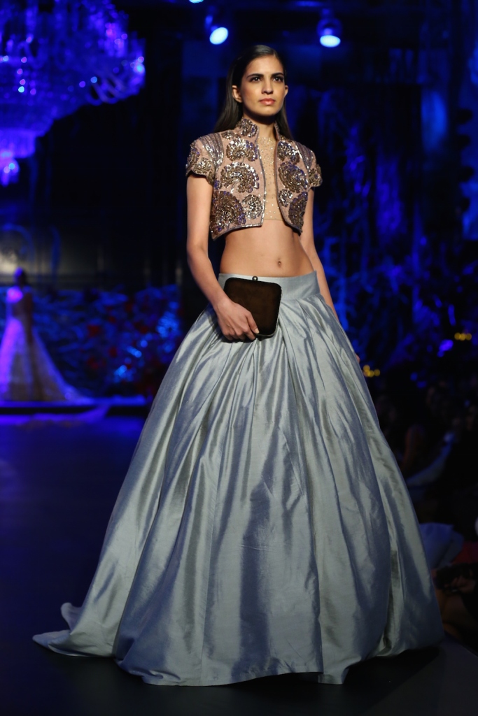 Top Picks Pale Blue Lehenga Skirt with Dusty Pink Jacket with Dust Gold Mushroom Flower Motifs - Manish Malhotra - Amazon India Couture Week 2015 high res