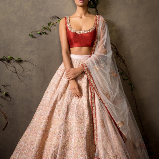 Pale Pink lehenga with Crimson red blouse - Shyamal and Bhumika New Collection 2015 - A Little Romance - Autummn-Winter Collection 2015