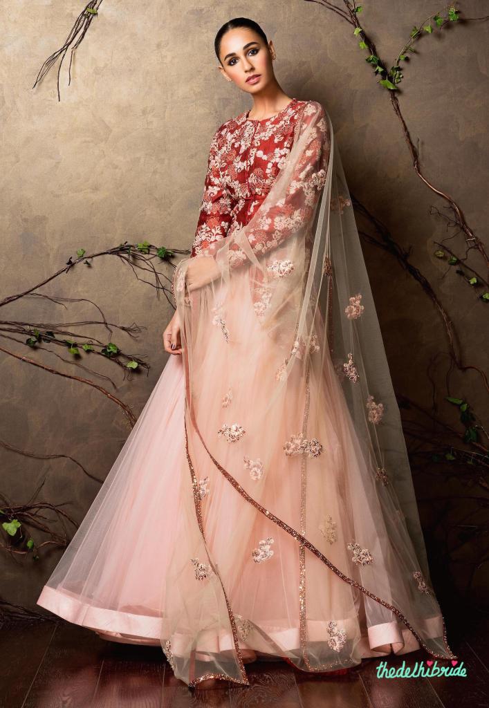 Top Picks Blush pink tulle lehenga with embroidered red blouse - Shyamal and Bhumika New Collection 2015 - A Little Romance - Autummn-Winter Collection 2015