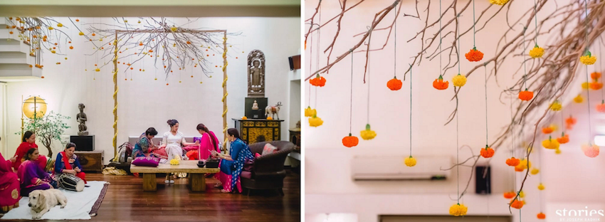 Mehendi - simple Mehendi decor at home with orange and yellow genda phool - Masaba Gupta and Madhu Mantena wedding 2015