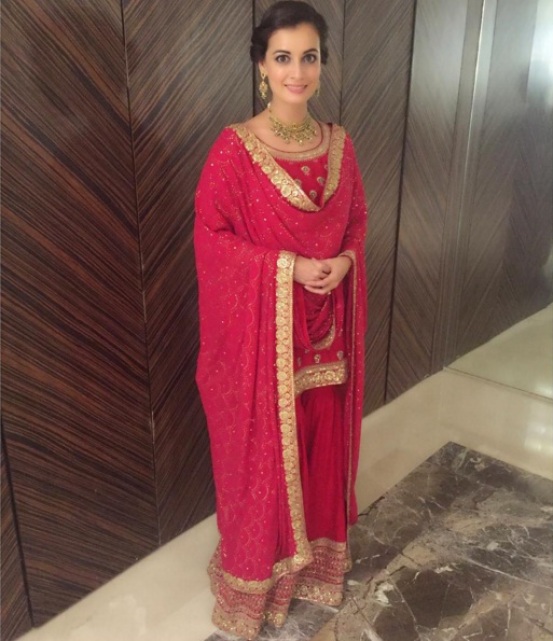 Wedding guest style - Sangeet - Dia Mirza in a red & hot pink Sabyasachi sharara - Masaba Gupta and Madhu Mantena Wedding 2015