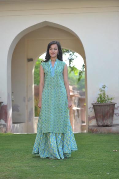 Soma - Sky blue kurta with printed skirt - Meherchand market wedding shopping guide