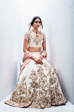 Editor's Picks - Antique embroidery on ivory lehenga with baby pink shaded dupatta - Sue Mue - Spring summer collection 2016
