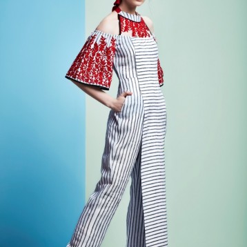 White striped jumpsuit with red bell sleeves