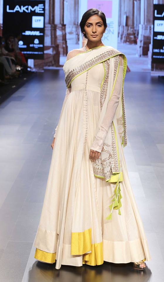 Ivory anarkali with hints of sunshine yellow and silver by Anushree Reddy at Lakme Fashion Week Summer Resort 2016