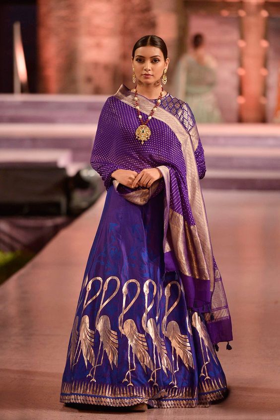 Indigo lehenga and purple choli dupatta with rich Banaras hand-woven work - Anita Dongre - Make in India 2016