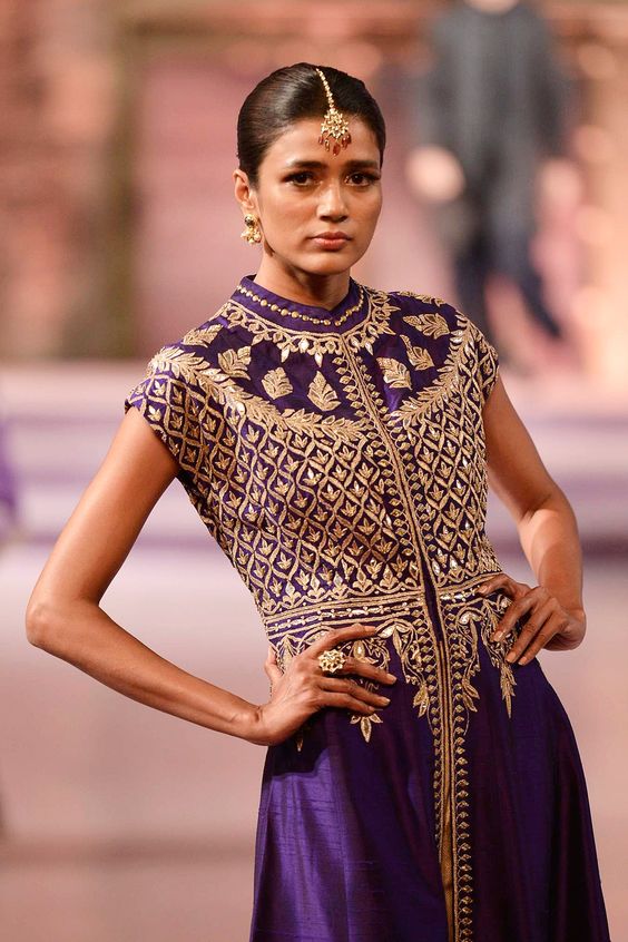 Purple gota patti jacket with gold trousers - details - Anita Dongre - Make in India 2016
